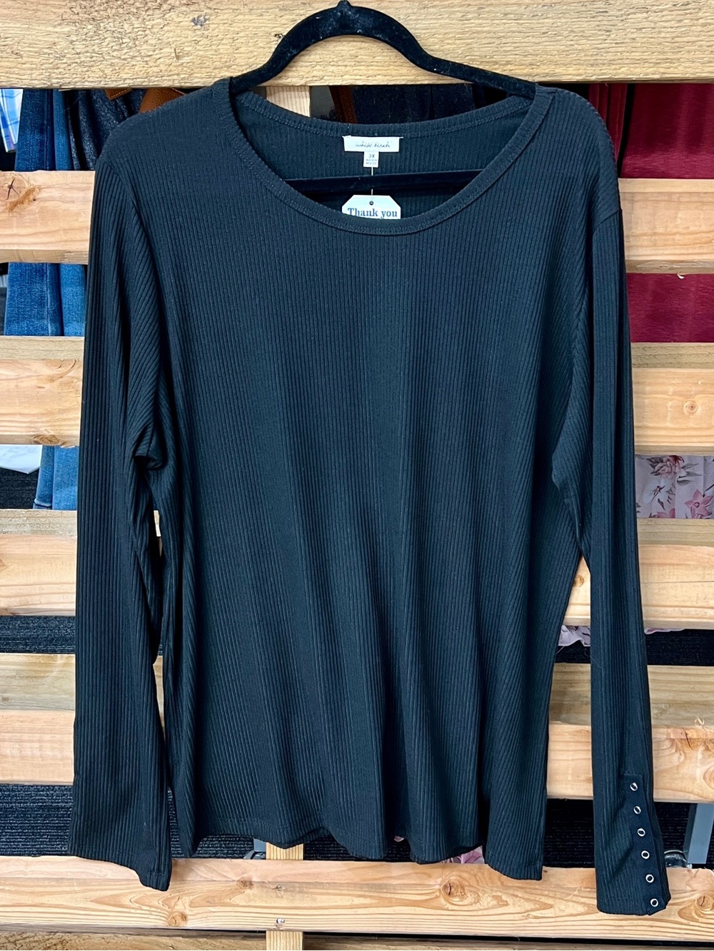 white birch Black Ribbed Long-Sleeve Tee with Button Cuff